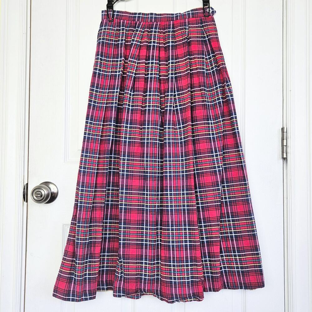 VTG Seersucker Madras Plaid Pleated Skirt Size 8 Maxi Cotton Pocket Colorful